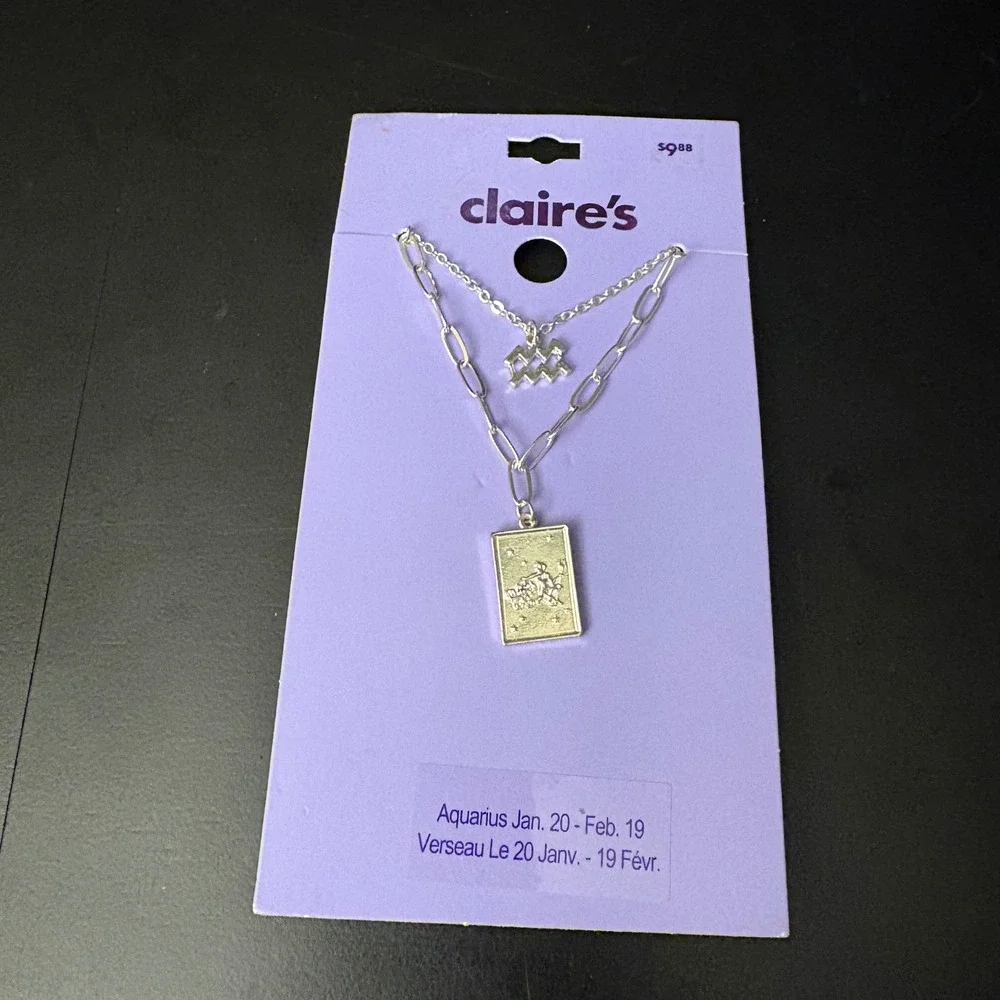 NWT Claires Silver Aquarius Zodiac Layered Set of 2 Necklaces‎ Jan Feb Gift